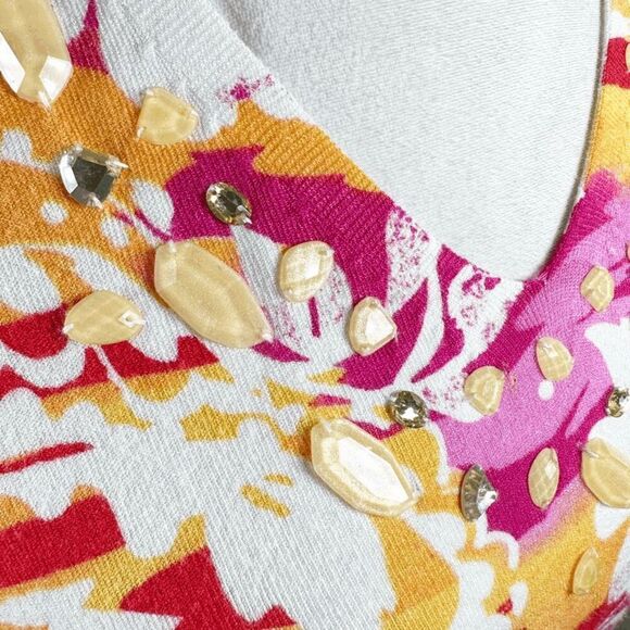 Boston Proper Multi Color Floral Knit Top Beaded jewel neckline Spring Size M - Picture 8 of 10
